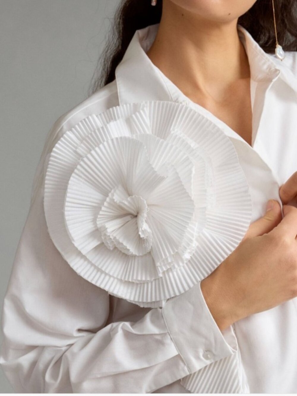 White Button-Down Shirt with Pleated Rosette Detail Anthropologie